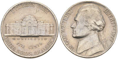 США 5 ЦЕНТОВ 1977 ДЖЕФФЕРСОН KM A192 медно-никель 190-124
