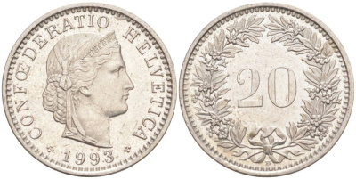 ШВЕЙЦАРИЯ 20 РАППЕНОВ 1993 В KM 29a медно-никель 55-1041