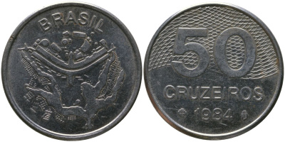 Бразилия 50 крузейро 1984 KM 594.1, Schon 103 нержавеющая сталь 4519-416