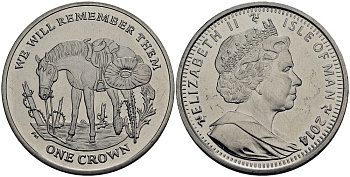 Остров Мэн 1 крона 2014 в память героев первой мировой войны, одинокая лошадь KM NEW медно-никель  UNC 4386-822