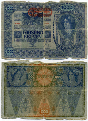 АВСТРИЯ 1000 КРОН 1919 КРАСНАЯ ГОРИЗОНТАЛЬНАЯ НАДПЕЧАТКА НА 1902 Pick 60 бумага 6289-24-3