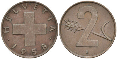 Швейцария 2 раппена 1958 В KM 47 бронза 4591-1215