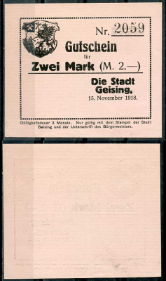 Германия, Гайзинг 2 марки 1918 нотгельд, 15.11.1918 Geiger 169.02.b бумага UNC (пресс) 444-63-3-1