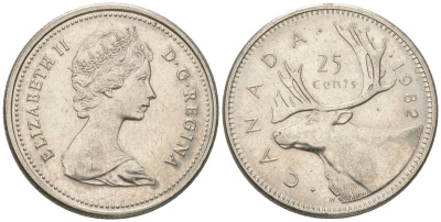 Канада 25 центов 1982 Елизавета II (1952-2022), олень KM 74 никель aUNC 4616-756
