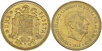 Испания 1 песета 1966 (74) Франсиско Франко (1939-1975) KM 796 алюминиевая бронза 216-414
