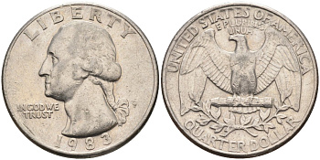 США 25 центов = квотер 1983 P, Вашингтон KM A164a медь плакированная медно-никелем 4584-1153