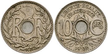 Франция 10 сантимов 1935 KM 866a медно-никель 51-2731