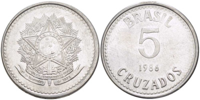 Бразилия 5 крузадо 1986 реформа (1986-1989) KM 606 нержавеющая сталь 28-857