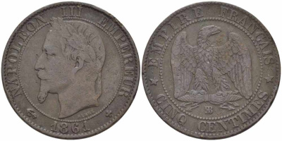 ФРАНЦИЯ 5 САНТИМОВ 1861 BB, НАПОЛЕОН III (1852-1870) KM 797.2, LE FRANC 117.3 бронза 108-512