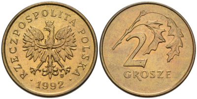ПОЛЬША 2 ГРОША 1992 MW KM 277 латунь 86-252