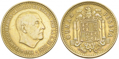 Испания 1 песета 1966 (74) Франсиско Франко (1939-1975) KM 796 алюминиевая бронза 87-1456