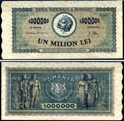 Румыния 1000000 леев 1947 Траян и Децебал, семья крестьян Pick 60 a бумага 8590-19-1-2