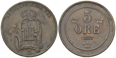 Швеция 5 эре 1887 Оскар II (1872-1907) KM 736 бронза 4171-614