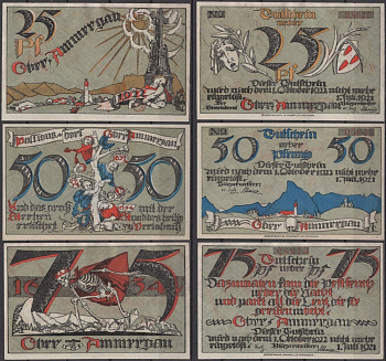 Обераммергау полный набор из 3 нотгельдов (25, 50 и 75 пфеннигов) 1921 Mehl Grabowski 992.3 бумага UNC (пресс) 7556-25-2-1