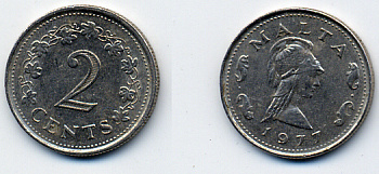 Мальта 2 цента 1977 Пентесилея, царица амазонок KM 9 медь цинк 57-426