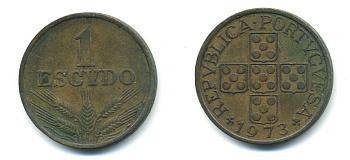 Португалия 1 эскудо 1973 KM 597 бронза 80-417