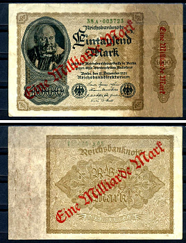 Германия 1000000000 марок 1923 красная диагональная, двухсторонняя надпечатка на 1000 марок 1922, бумага белая, водяной знак 1001 Pick 113 a (2) бумага 8589-50-3-2