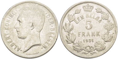 БЕЛЬГИЯ 5 ФРАНКОВ 1931 АЛЬБЕРТ I, DER BELGEN KM 98 никель 3851-332
