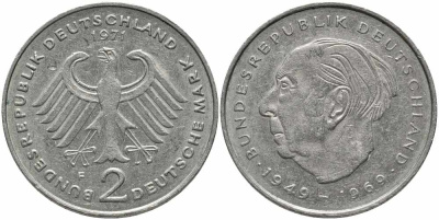 ФРГ 2 марки 1971 F, Теодор Хойс KM 127, J. 407 медно-никель плакированный никелем 113-143