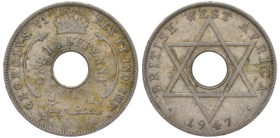 Британская Западная Африка 1/2 пенни 1947 H, Георг VI KM 18 медно-никель 25-2226