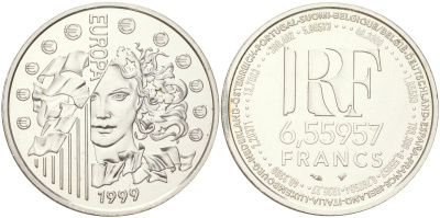 Франция 1 евро = 6,55957 франков 1999 страны Евросоюза, введение евро, курс франка к евро KM 1254 серебро UNC 4162-622