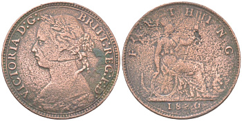 Великобритания 1 фартинг 1880 Виктория (1837-1901) KM 753, Spink 3958 бронза 4613-431