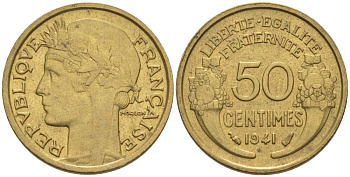 ФРАНЦИЯ 50 САНТИМОВ 1941 ТИП MORLON KM 894.1, LE FRANC 192.18 алюминиевая бронза 44-659
