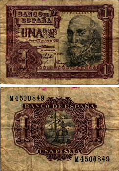 Испания 1 песета 1953 22 июля 1953, Мигель де Санта Круз Pick 144а бумага 8605-42-1-1