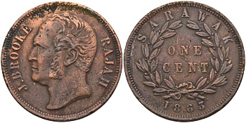 Саравак 1 цент 1863 раджа Джеймс Брук, Королевство Саравак (1846 - 1946) KM 3 медь 4590-621