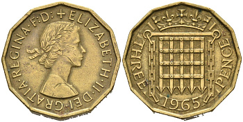 Великобритания 3 пенса 1965 Елизавета II (1952-2022) KM 900, Spink 4153 никель латунь 4561-1036