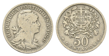 Португалия 50 сентаво 1946 голова Свободы вправо KM 577 никель латунь 4659-633
