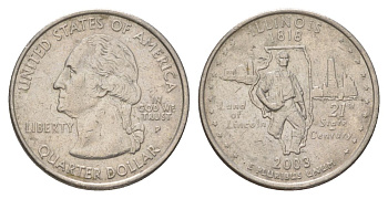США 25 центов (квотер, 1/4 доллара) 2003 P, Квотер штата Иллинойс KM 343 медь плакированный медно-никелем UNC 4628-1234