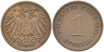 ГЕРМАНИЯ 1 ПФЕННИГ 1913 G KM 10, J. 10, Weege 2 медь 211-464