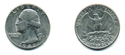 США 25 центов = квотер 1982 D, Вашингтон KM А164а медь плакированная медно-никелем 36-315