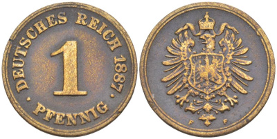 ГЕРМАНИЯ 1 ПФЕННИГ 1887 F, СТАРОГЕРБОВКА KM 1, Jager. 1, Weege 1 медь 4528-1066