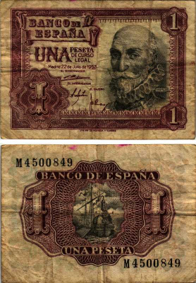 Испания 1 песета 1953 22 июля 1953, Мигель де Санта Круз Pick 144а бумага 8605-42-1-1