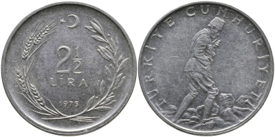 ТУРЦИЯ 2 1/2 ЛИРЫ 1975 KM 893.2 нержавеющая сталь 29-636