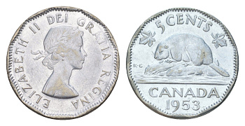 Канада 5 центов 1953 Елизавета II (1952-2022), бобр KM 50 хромированная сталь 4639-432