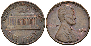 США 1 цент 1960 D, Линкольн KM 201 медь цинк 4564-332