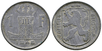 БЕЛЬГИЯ 1 ФРАНК 1946 BELGIE-BELGIQUE, ГЕРМАНСКАЯ ОККУПАЦИЯ, ВТОРАЯ МИРОВАЯ ВОЙНА KM 128 цинк 4380-323