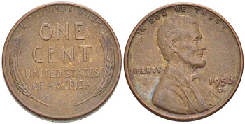 США 1 ЦЕНТ 1956 D, ЛИНКОЛЬН KM А132 медь цинк 3309-1156
