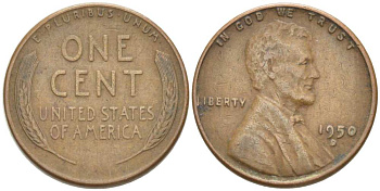 США 1 ЦЕНТ 1950 D, ЛИНКОЛЬН KM А132 медь цинк 3309-553