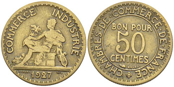 ФРАНЦИЯ 50 САНТИМОВ 1927 CHAMBRES DE COMMERCE KM 884, LE FRANC 191.10 алюминиевая бронза 201-853