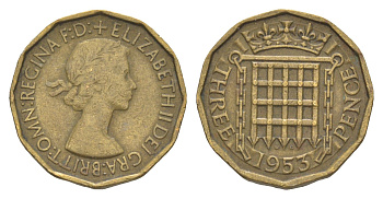 Великобритания 3 пенса 1953 Елизавета II (1952-2022) KM 886, Spink 4152 никель латунь 4571-545