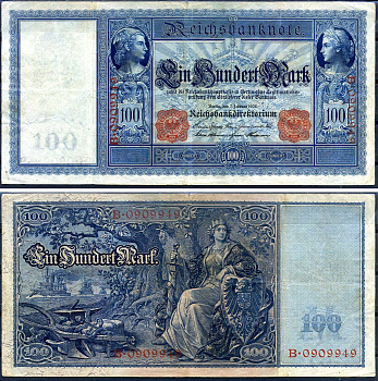 Германия 100 марок 1908 красная печать, Меркурий и Церера, белая бумага Pick 35 бумага 7191-44-2-2