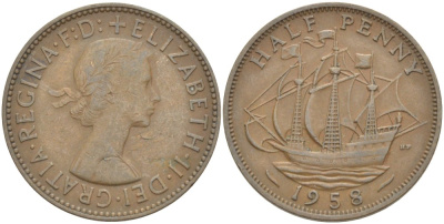 Великобритания 1/2 пенни 1958 Елизавета II (1952-2022) KM 896, Spink 4158 бронза 4544-114