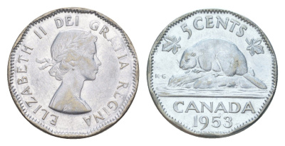 Канада 5 центов 1953 Елизавета II (1952-2022), бобр KM 50 хромированная сталь 4639-432