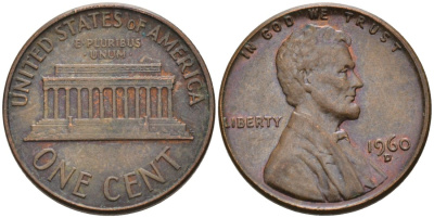 США 1 цент 1960 D, Линкольн KM 201 медь цинк 4564-332