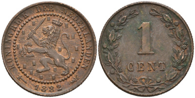 Нидерланды 1 цент 1882 Виллем III (1849-1890) KM 107 бронза 4576-568