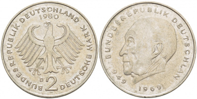 ФРГ 2 МАРКИ 1980 J, КОНРАД АДЕНАУЭР KM 124, J. 406 медно-никель плакированный никелем 3718-1024